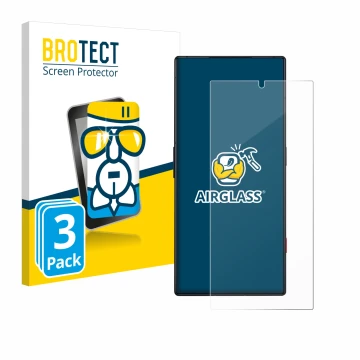 Vorderseite einer Produktverpackung mit dem Markenlogo BROTECT. Daneben ist das Gerät ZTE Nubia Red Magic 8 Pro mit dem zugehö