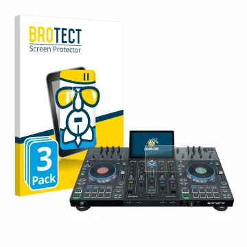 Vorderseite einer Produktverpackung mit dem Markenlogo BROTECT. Daneben ist das Gerät Denon DJ Prime 4+ mit dem zugehörigen Di
