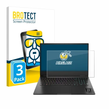 Vorderseite einer Produktverpackung mit dem Markenlogo BROTECT. Daneben ist das Gerät HP Omen 16 2024 mit dem zugehörigen Disp