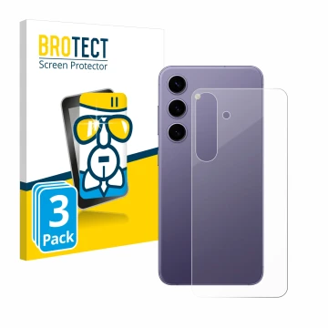 Vorderseite einer Produktverpackung mit dem Markenlogo BROTECT. Daneben ist das Gerät Samsung Galaxy S24 (Rückseite) mit dem z
