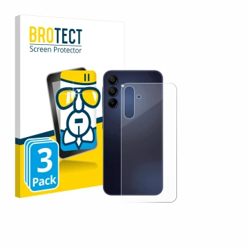 Vorderseite einer Produktverpackung mit dem Markenlogo BROTECT. Daneben ist das Gerät Samsung Galaxy A15 5G (Rückseite) mit de