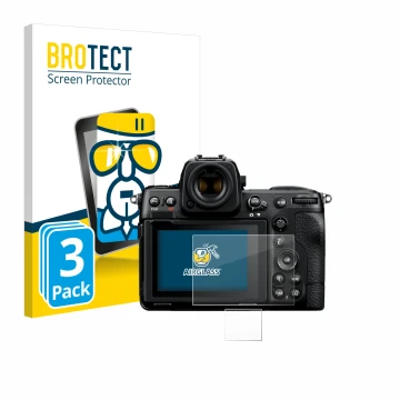 Vorderseite einer Produktverpackung mit dem Markenlogo BROTECT. Daneben ist das Gerät Nikon Z 8 (Display + Schulterdisplay) mi