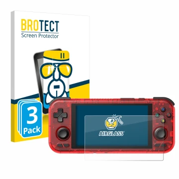 Vorderseite einer Produktverpackung mit dem Markenlogo BROTECT. Daneben ist das Gerät Retroid Pocket 4 Pro mit dem zugehörigen