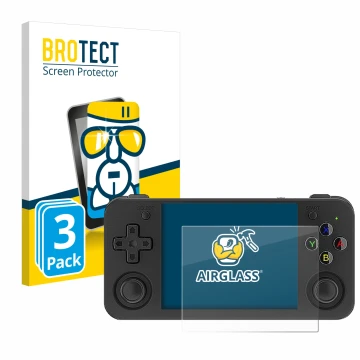 Vorderseite einer Produktverpackung mit dem Markenlogo BROTECT. Daneben ist das Gerät Anbernic RG35XX H mit dem zugehörigen Di