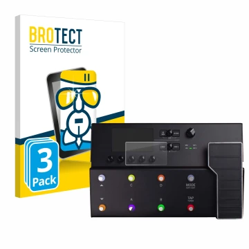 Vorderseite einer Produktverpackung mit dem Markenlogo BROTECT. Daneben ist das Gerät Line 6 POD GO mit dem zugehörigen Displa