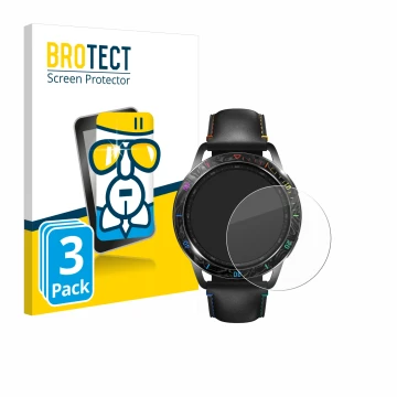 Vorderseite einer Produktverpackung mit dem Markenlogo BROTECT. Daneben ist das Gerät Xiaomi Watch S3 mit dem zugehörigen Disp