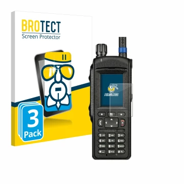 Vorderseite einer Produktverpackung mit dem Markenlogo BROTECT. Daneben ist das Gerät Motorola MTP6650 mit dem zugehörigen Dis