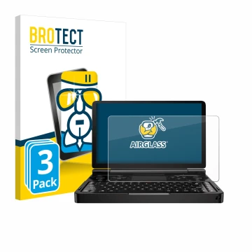 Vorderseite einer Produktverpackung mit dem Markenlogo BROTECT. Daneben ist das Gerät GPD Win Mini (2024) mit dem zugehörigen 