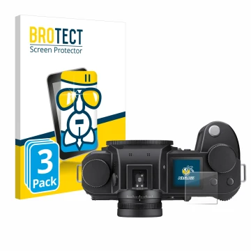 Vorderseite einer Produktverpackung mit dem Markenlogo BROTECT. Daneben ist das Gerät Leica SL3 (Schulterdisplay) mit dem zuge