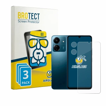 Vorderseite einer Produktverpackung mit dem Markenlogo BROTECT. Daneben ist das Gerät Xiaomi Redmi 13C (Display+Kamera) mit de