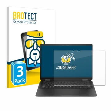 Vorderseite einer Produktverpackung mit dem Markenlogo BROTECT. Daneben ist das Gerät HP Spectre x360 (14-e) 2024 mit dem zuge