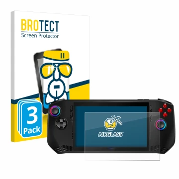 Vorderseite einer Produktverpackung mit dem Markenlogo BROTECT. Daneben ist das Gerät MSI Claw A1M mit dem zugehörigen Display