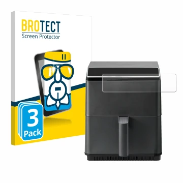 Vorderseite einer Produktverpackung mit dem Markenlogo BROTECT. Daneben ist das Gerät Cosori CAF-P583S mit dem zugehörigen Dis