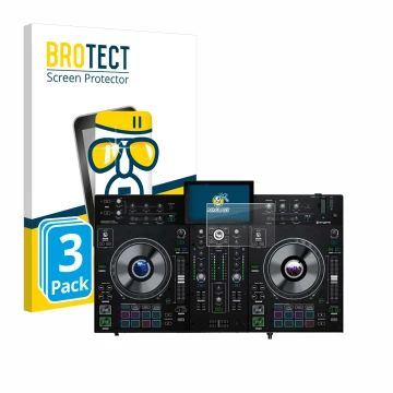 Vorderseite einer Produktverpackung mit dem Markenlogo BROTECT. Daneben ist das Gerät Denon DJ Prime 2 mit dem zugehörigen Dis