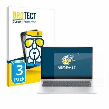 Vorderseite einer Produktverpackung mit dem Markenlogo BROTECT. Daneben ist das Gerät HP Envy 17 2024 mit dem zugehörigen Disp