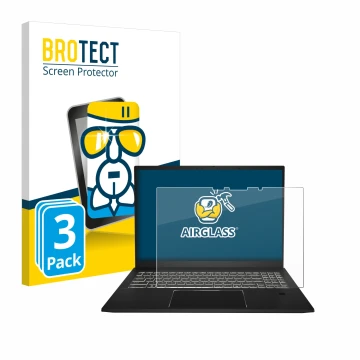 Vorderseite einer Produktverpackung mit dem Markenlogo BROTECT. Daneben ist das Gerät MSI Summit E16 AI Studio mit dem zugehör