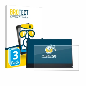 Vorderseite einer Produktverpackung mit dem Markenlogo BROTECT. Daneben ist das Gerät Dell P1424H mit dem zugehörigen Displays