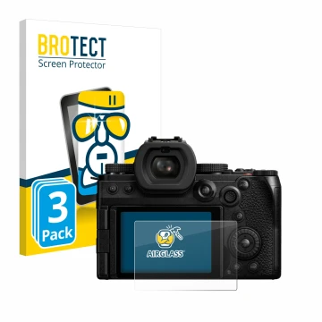 Vorderseite einer Produktverpackung mit dem Markenlogo BROTECT. Daneben ist das Gerät Panasonic Lumix DC-S5II mit dem zugehöri