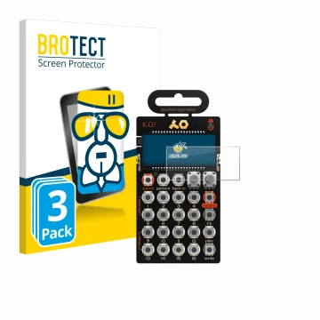 Vorderseite einer Produktverpackung mit dem Markenlogo BROTECT. Daneben ist das Gerät Teenage Engineering PO-33 K.O! mit dem z