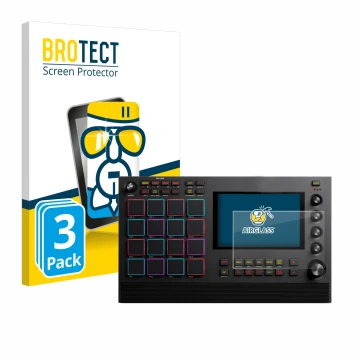 Vorderseite einer Produktverpackung mit dem Markenlogo BROTECT. Daneben ist das Gerät Akai MPC Live II mit dem zugehörigen Dis