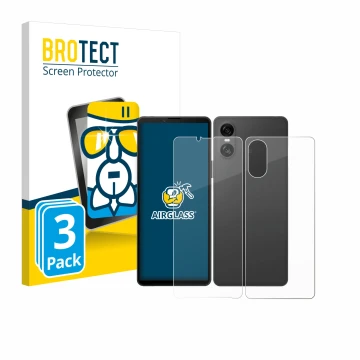 Vorderseite einer Produktverpackung mit dem Markenlogo BROTECT. Daneben ist das Gerät Sony Xperia 10 VI (Display+Rückseite) mi