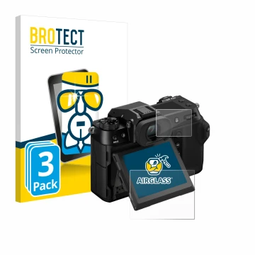 Vorderseite einer Produktverpackung mit dem Markenlogo BROTECT. Daneben ist das Gerät Fujifilm GFX100S II (Display + Schulterd