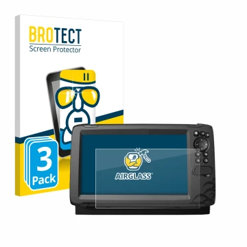 Vorderseite einer Produktverpackung mit dem Markenlogo BROTECT. Daneben ist das Gerät Lowrance HOOK Reveal 9 mit dem zugehörig