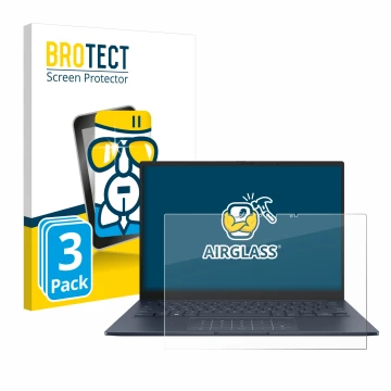 Vorderseite einer Produktverpackung mit dem Markenlogo BROTECT. Daneben ist das Gerät ASUS ZenBook 14 OLED UX3405 Touch mit de