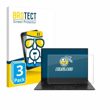 Vorderseite einer Produktverpackung mit dem Markenlogo BROTECT. Daneben ist das Gerät ASUS ZenBook 14 OLED UM3406 mit dem zuge