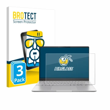 Vorderseite einer Produktverpackung mit dem Markenlogo BROTECT. Daneben ist das Gerät ASUS Vivobook S 14 OLED M5406 mit dem zu