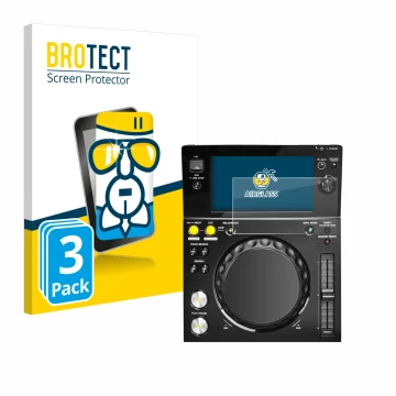 Vorderseite einer Produktverpackung mit dem Markenlogo BROTECT. Daneben ist das Gerät Pioneer XDJ -700 mit dem zugehörigen Dis