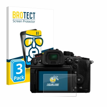 Vorderseite einer Produktverpackung mit dem Markenlogo BROTECT. Daneben ist das Gerät Panasonic Lumix DC-GH7 mit dem zugehörig