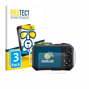 Vorderseite einer Produktverpackung mit dem Markenlogo BROTECT. Daneben ist das Gerät Ricoh Pentax WG-1000 mit dem zugehörigen