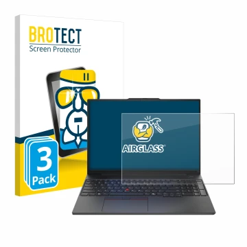 Vorderseite einer Produktverpackung mit dem Markenlogo BROTECT. Daneben ist das Gerät Lenovo ThinkPad E16 Gen 2 mit dem zugehö