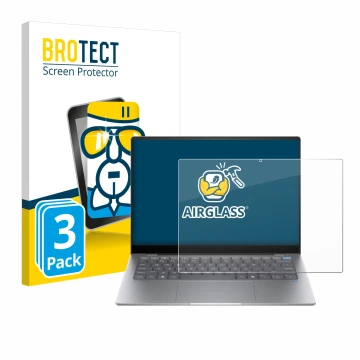 Vorderseite einer Produktverpackung mit dem Markenlogo BROTECT. Daneben ist das Gerät HP OmniBook X AI 14 mit dem zugehörigen 