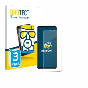 Vorderseite einer Produktverpackung mit dem Markenlogo BROTECT. Daneben ist das Gerät ZTE Blade A54 mit dem zugehörigen Displa