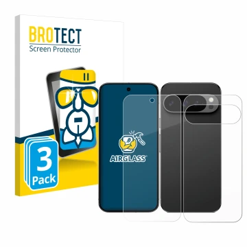Vorderseite einer Produktverpackung mit dem Markenlogo BROTECT. Daneben ist das Gerät Google Pixel 9 Pro (Display+Rückseite) m