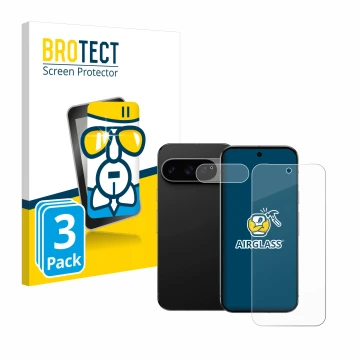 Vorderseite einer Produktverpackung mit dem Markenlogo BROTECT. Daneben ist das Gerät Google Pixel 9 Pro XL (Display+Kamera) m