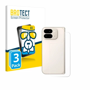 Vorderseite einer Produktverpackung mit dem Markenlogo BROTECT. Daneben ist das Gerät Google Pixel 9 Pro Fold (Rückseite) mit 