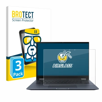 Vorderseite einer Produktverpackung mit dem Markenlogo BROTECT. Daneben ist das Gerät ASUS Vivobook S 14 Flip TN3402 mit dem z