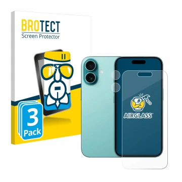 Vorderseite einer Produktverpackung mit dem Markenlogo BROTECT. Daneben ist das Gerät Apple iPhone 16 (Display+Kamera) mit dem