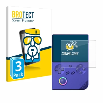 Vorderseite einer Produktverpackung mit dem Markenlogo BROTECT. Daneben ist das Gerät Anbernic RG40XXV mit dem zugehörigen Dis