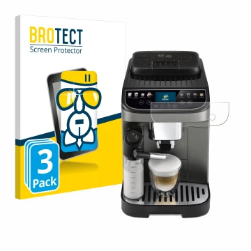 Vorderseite einer Produktverpackung mit dem Markenlogo BROTECT. Daneben ist das Gerät DeLonghi Magnifica Evo Next mit dem zuge