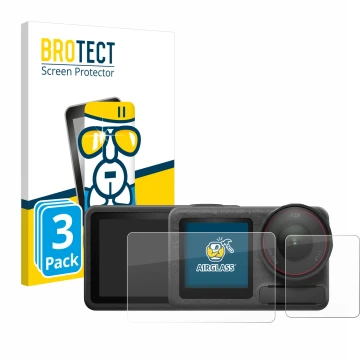 Vorderseite einer Produktverpackung mit dem Markenlogo BROTECT. Daneben ist das Gerät DJI Osmo Action 5 Pro (case-friendly) mi