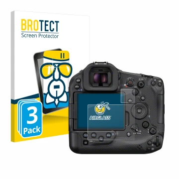 Vorderseite einer Produktverpackung mit dem Markenlogo BROTECT. Daneben ist das Gerät Canon EOS R1 mit dem zugehörigen Display