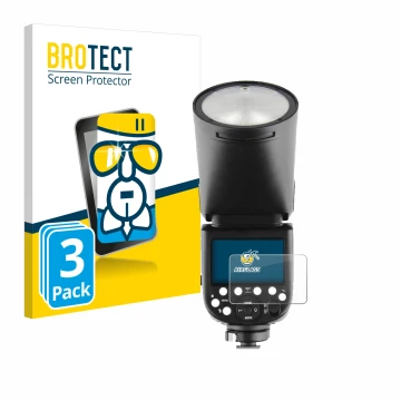 Vorderseite einer Produktverpackung mit dem Markenlogo BROTECT. Daneben ist das Gerät Godox TT685 II mit dem zugehörigen Displ