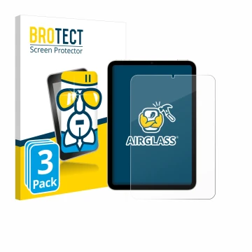 Vorderseite einer Produktverpackung mit dem Markenlogo BROTECT. Daneben ist das Gerät Apple iPad Mini 7 WiFi 2024 mit dem zuge