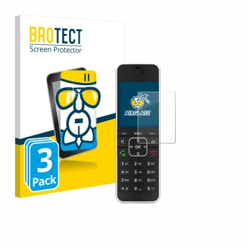 Vorderseite einer Produktverpackung mit dem Markenlogo BROTECT. Daneben ist das Gerät AVM Fritz!Fon C6 Black mit dem zugehörig