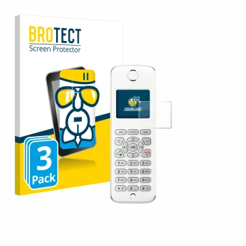 Vorderseite einer Produktverpackung mit dem Markenlogo BROTECT. Daneben ist das Gerät AVM Fritz!Fon M2 mit dem zugehörigen Dis