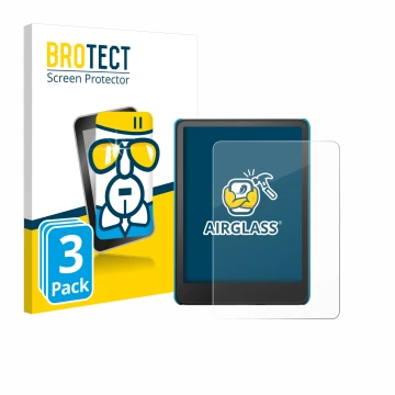 Vorderseite einer Produktverpackung mit dem Markenlogo BROTECT. Daneben ist das Gerät Amazon Kindle Paperwhite Kids 2024 mit d